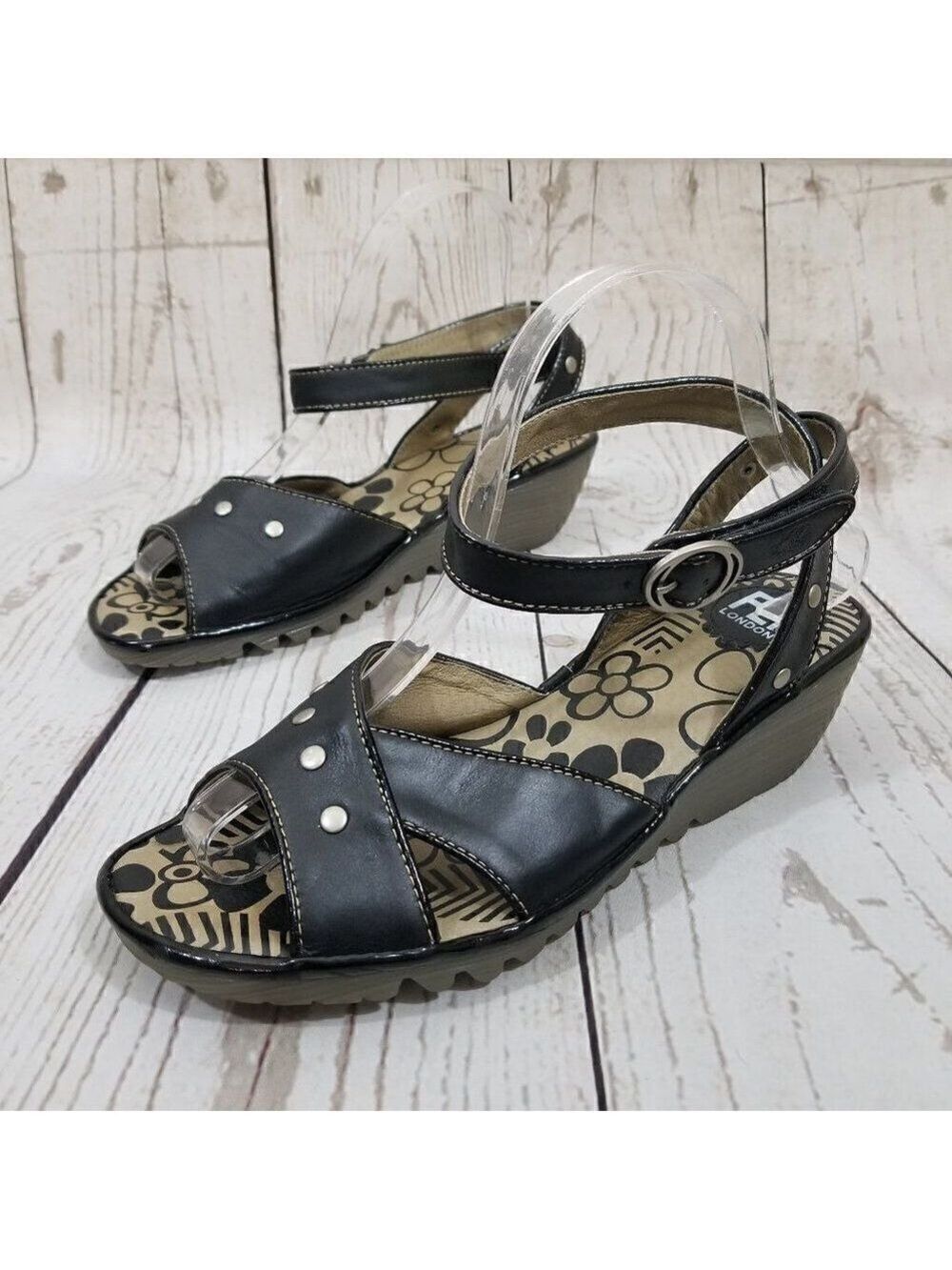 Fly London Oney Size 39 US 8-8.5 Black Leather Studded Ankle Strap Wedge Sandals